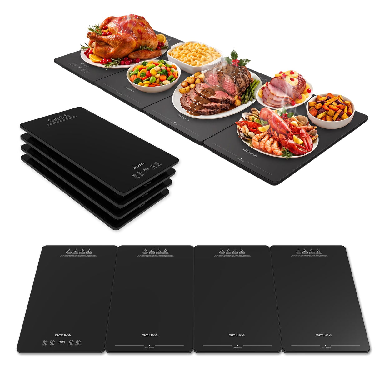 Gouka Electric Warming Tray, 4-Panel Buffet Server, Black
