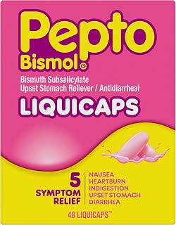Pepto Bismol Liquicaps, Upset Stomach Relief, Nausea Relief, Heartburn Relief, Indigestion Relief, Anti Diarrhea Medication for Adults - 5 Symptom Fast Relief, No Flavor, 48 ct