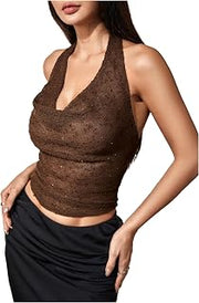 Women's Sparkly Sequin Tops Cowl Neck Halter Top Blackless Rave Tops