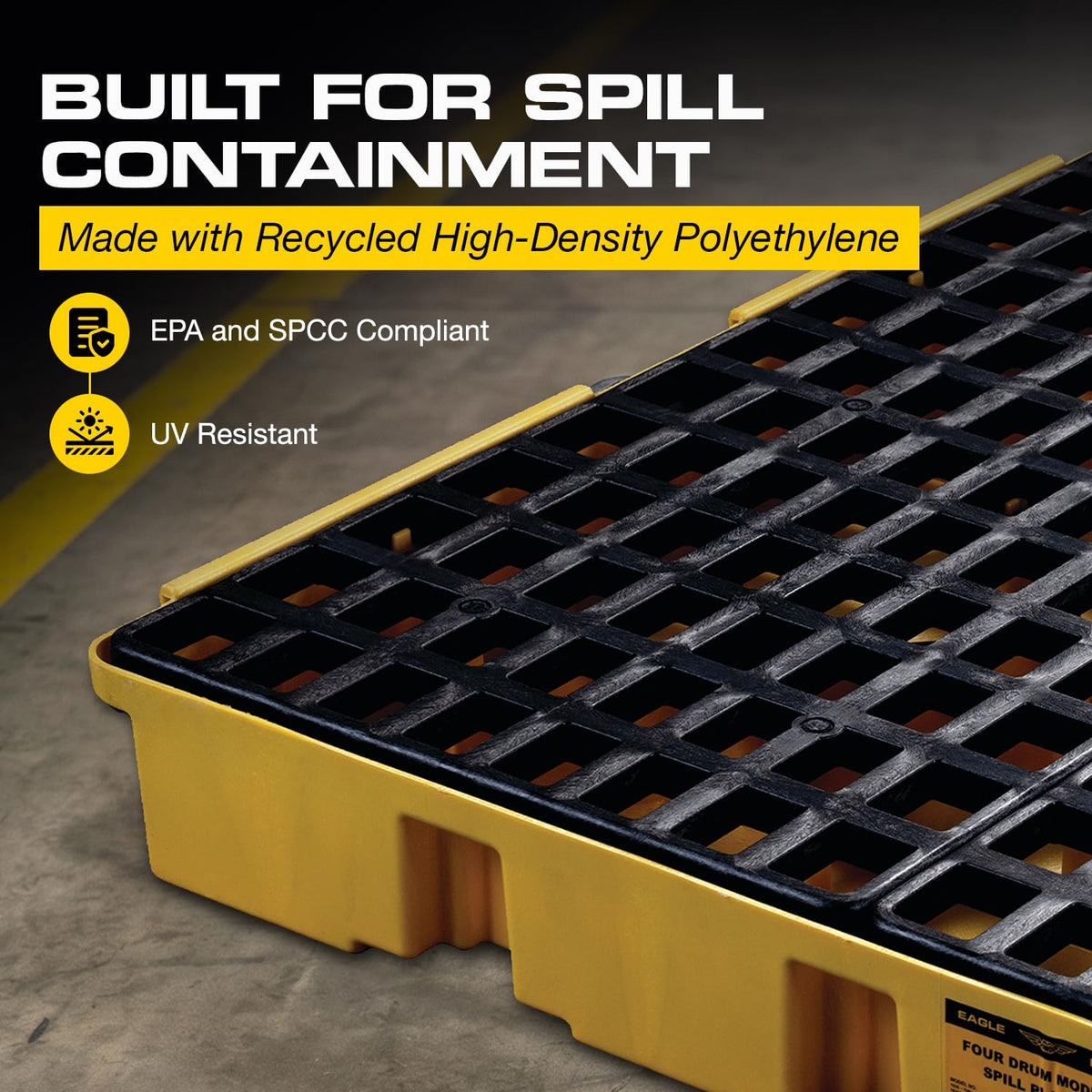 6 Drum Spill Containment Pallet with Forklift Pockets by Eagle – 6 Drum, Plastic, Yellow, Model 1686