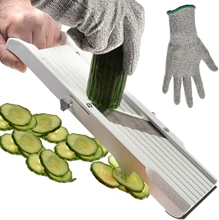 Benriner Mandolin Vegetable Cutter Vegetable Slicer 64 mm 95 mm 120 mm White Optional Without Engraving + Prymo Protective Glove Size 120 mm Colour 1) Without Engraving