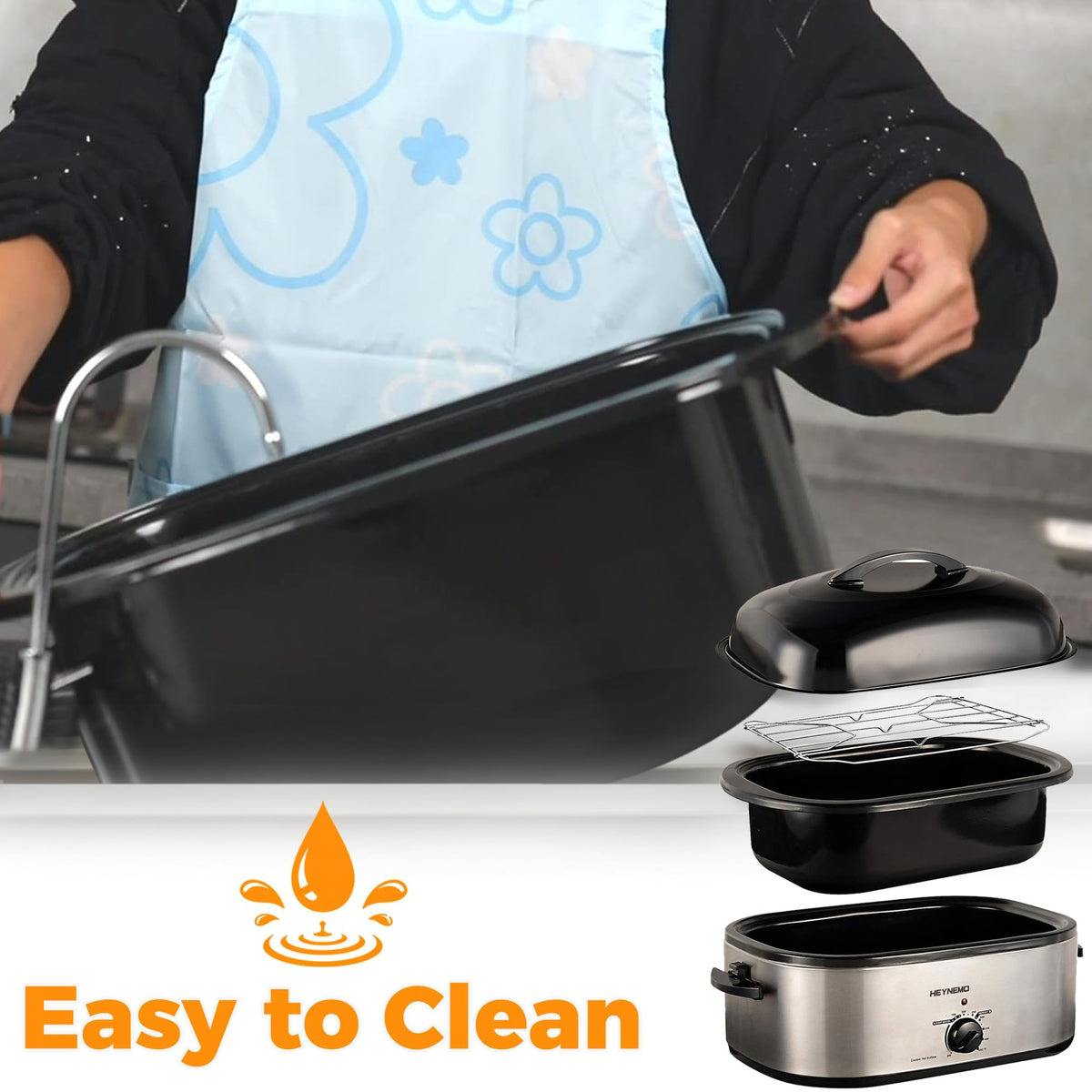 Kiss the Water Electric Roaster Oven, 28 Quart with Self Basting Lid, Silver