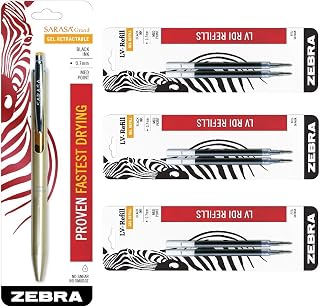 Zebra Technologies Zebra Sarasa Grand, Retractable Gel Ink Pen, Gold Barrel, Medium Point, 0.7mm, Black Ink, 1-Count Bundle with 6 Refills