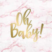 Creative Converting Marble Shower Oh Baby Napkins, 6.5", Pink, White and Gold