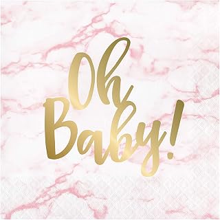 Creative Converting Marble Shower Oh Baby Napkins, 6.5", Pink, White and Gold