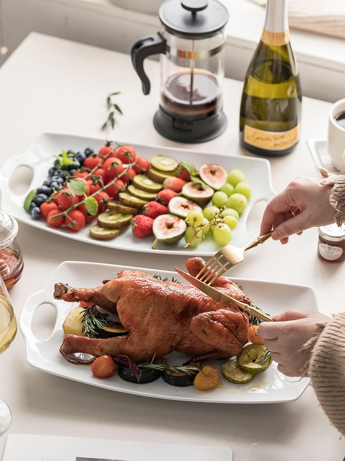 LYEOBOH Serving Platter, Melamine Rectangular Tray with Handles, White 16 Inch