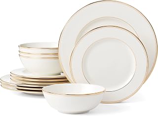 Lenox Federal Gold Bone China 12-Piece Dinnerware Set for 4 | dishwasher safe | plates and bowls sets for kitchen and dining | 10.75 inch plate, dish set, dishes | 24oz