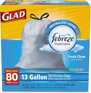 Glad 78899BX OdorShield Tall Kitchen Drawstring Bags, Fresh Clean, 13 gal, White, 80/Box