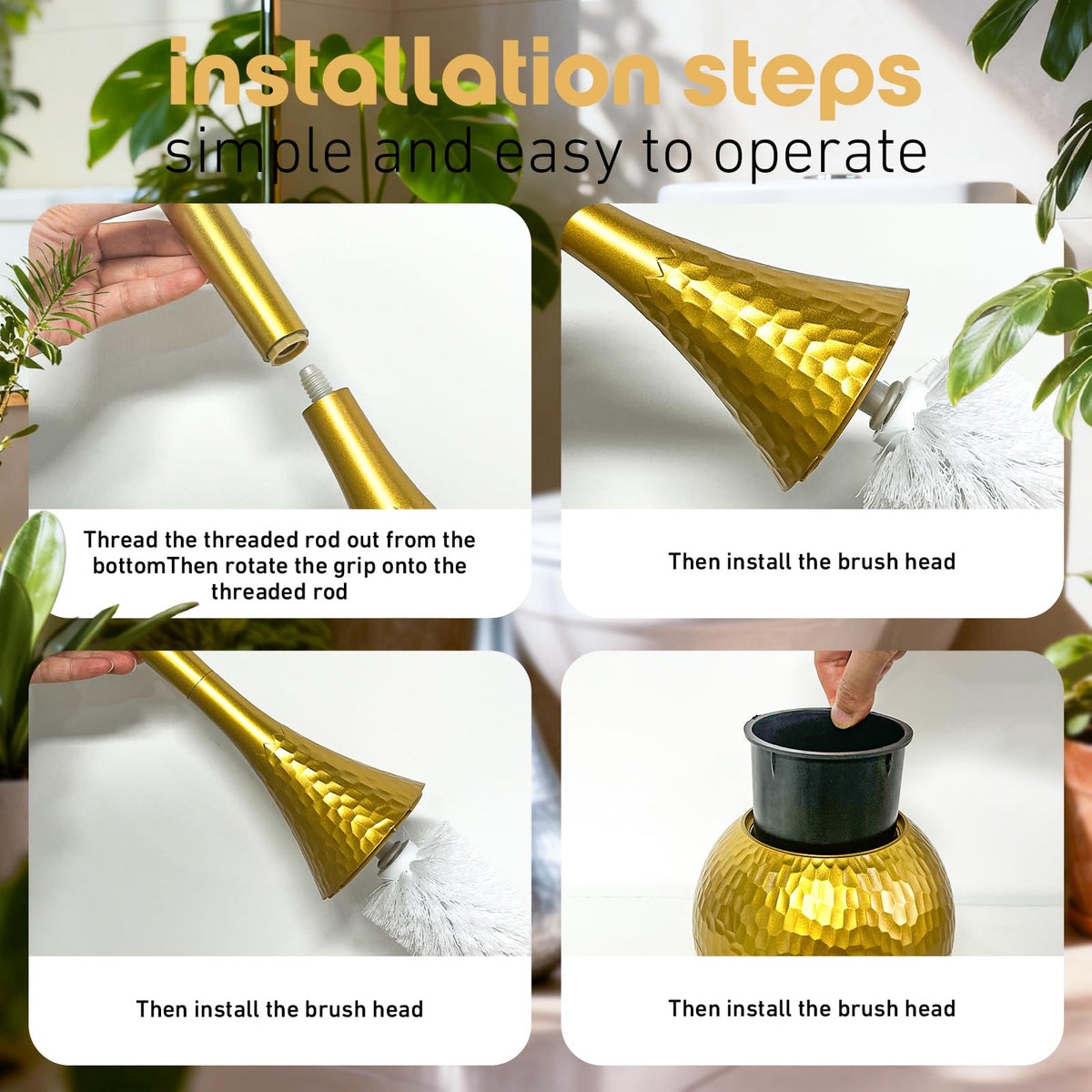 Hideaway Toilet Brush Set by Kobzipanda – Acrylonitrile Butadiene Styrene (ABS), Gold, Model GGMTS