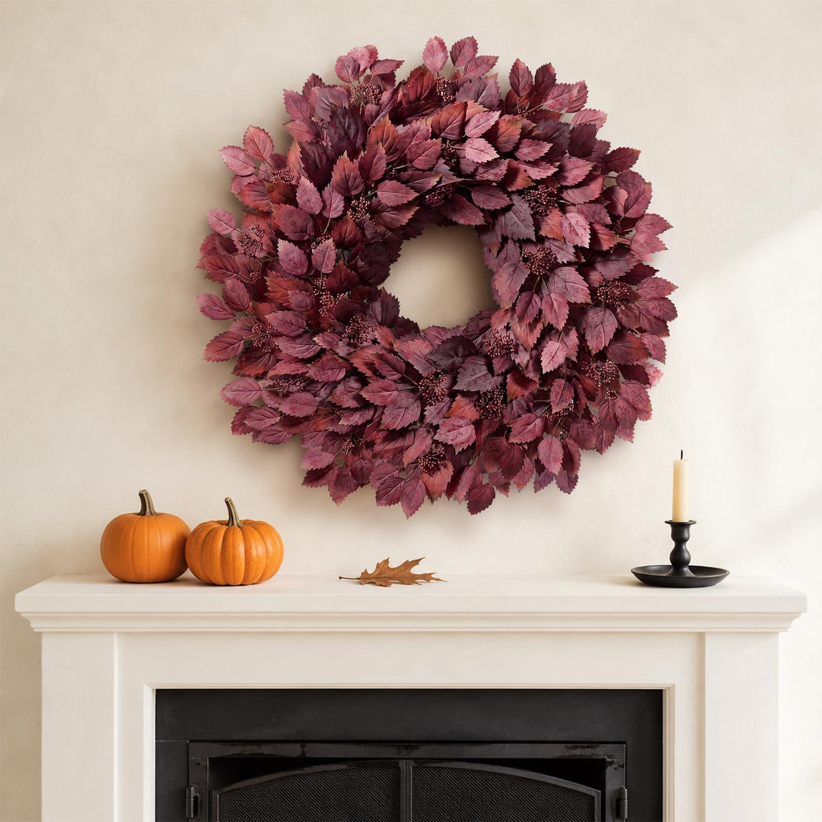 Foteewl Artificial Hibiscus Wreath, 26 Inch Diameter, Autumn Red