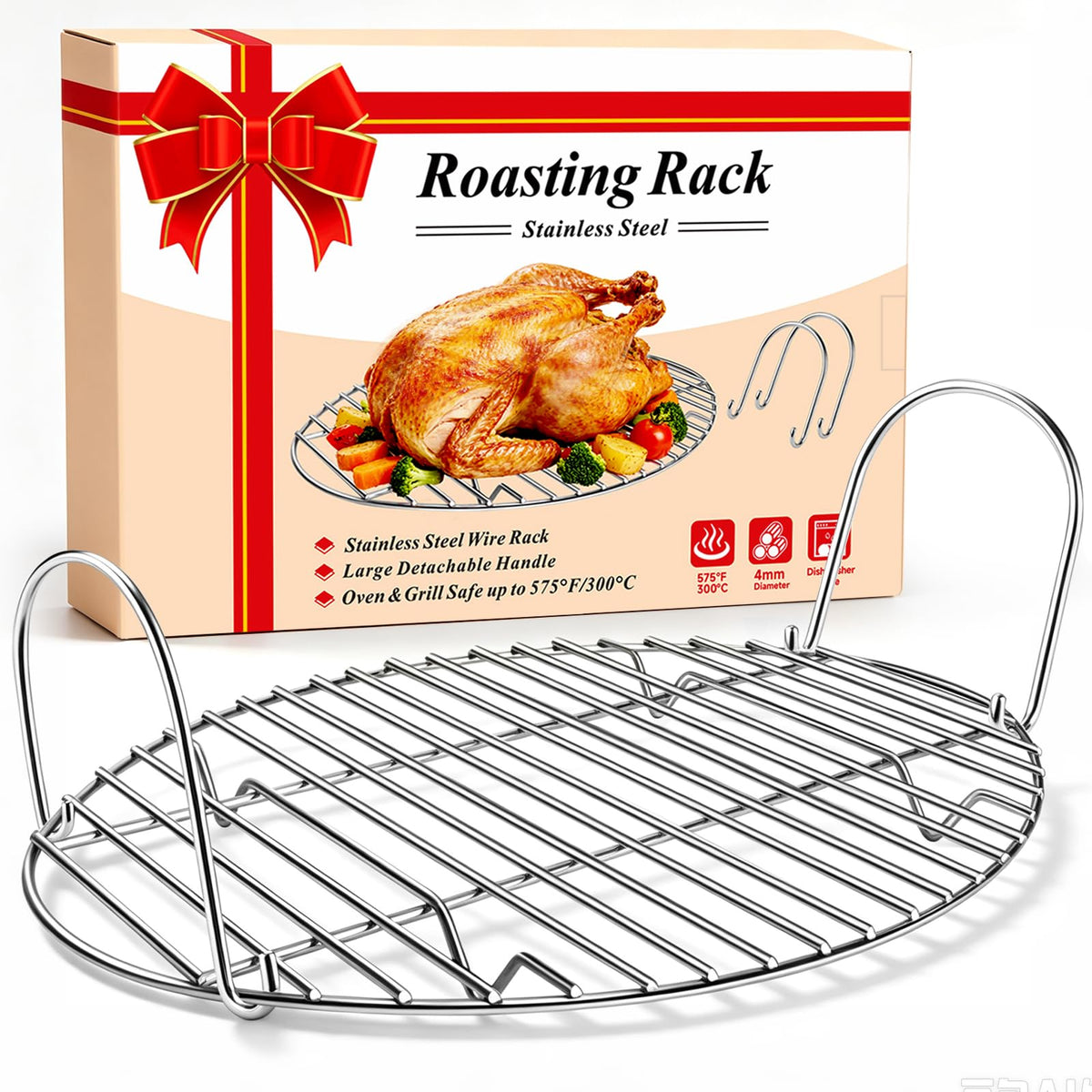 DePango Oval Roasting Rack, Stainless Steel with Handle, 16.5 x 11.5 x 5.5 Inch