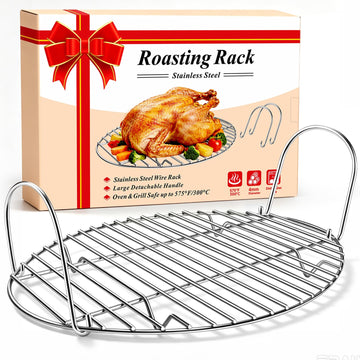 DePango Oval Roasting Rack, Stainless Steel with Handle, 16.5 x 11.5 x 5.5 Inch