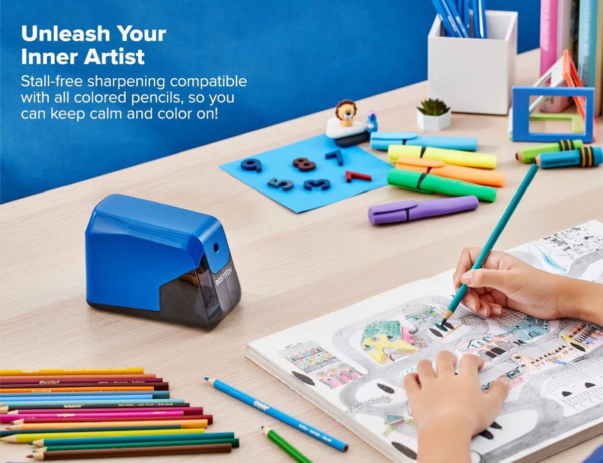 Office Battery Pencil Sharpener by Bostitch – Plastic, Blue, Model BPS4-BLUE