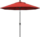 California Umbrella 9' Round Aluminum Market Umbrella, Crank Lift, Push Button Tilt, Black Pole, Red Olefin