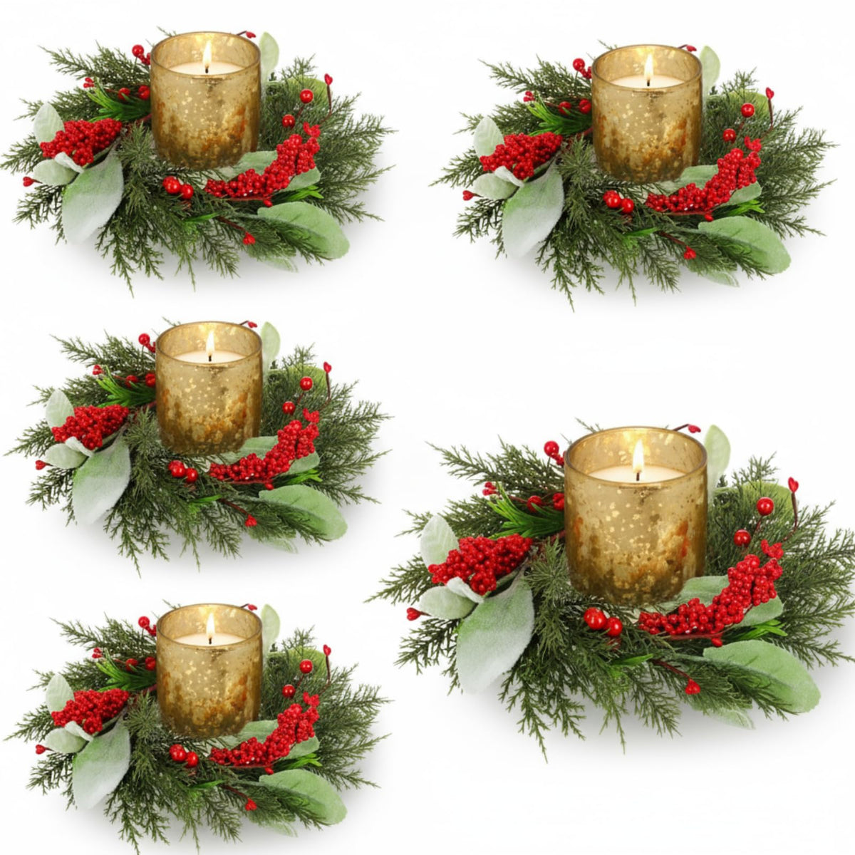 Suncalla Christmas Candle Ring Set, Pine Berry Design, 4 Pack