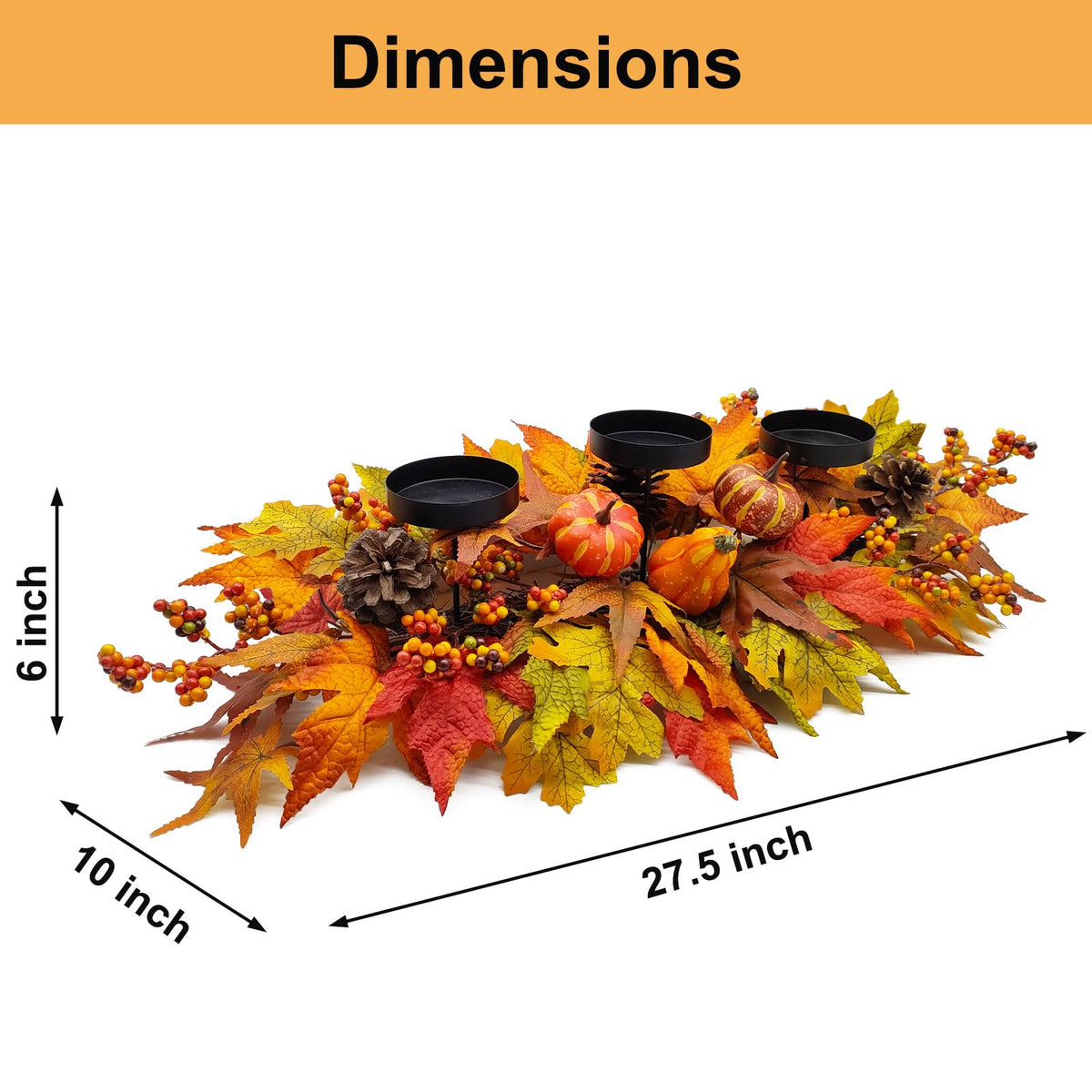 Sunnypack Harvest Candle Holder, 27.5 Inch Triple Pillar Stand, Pumpkin and Gourd Design