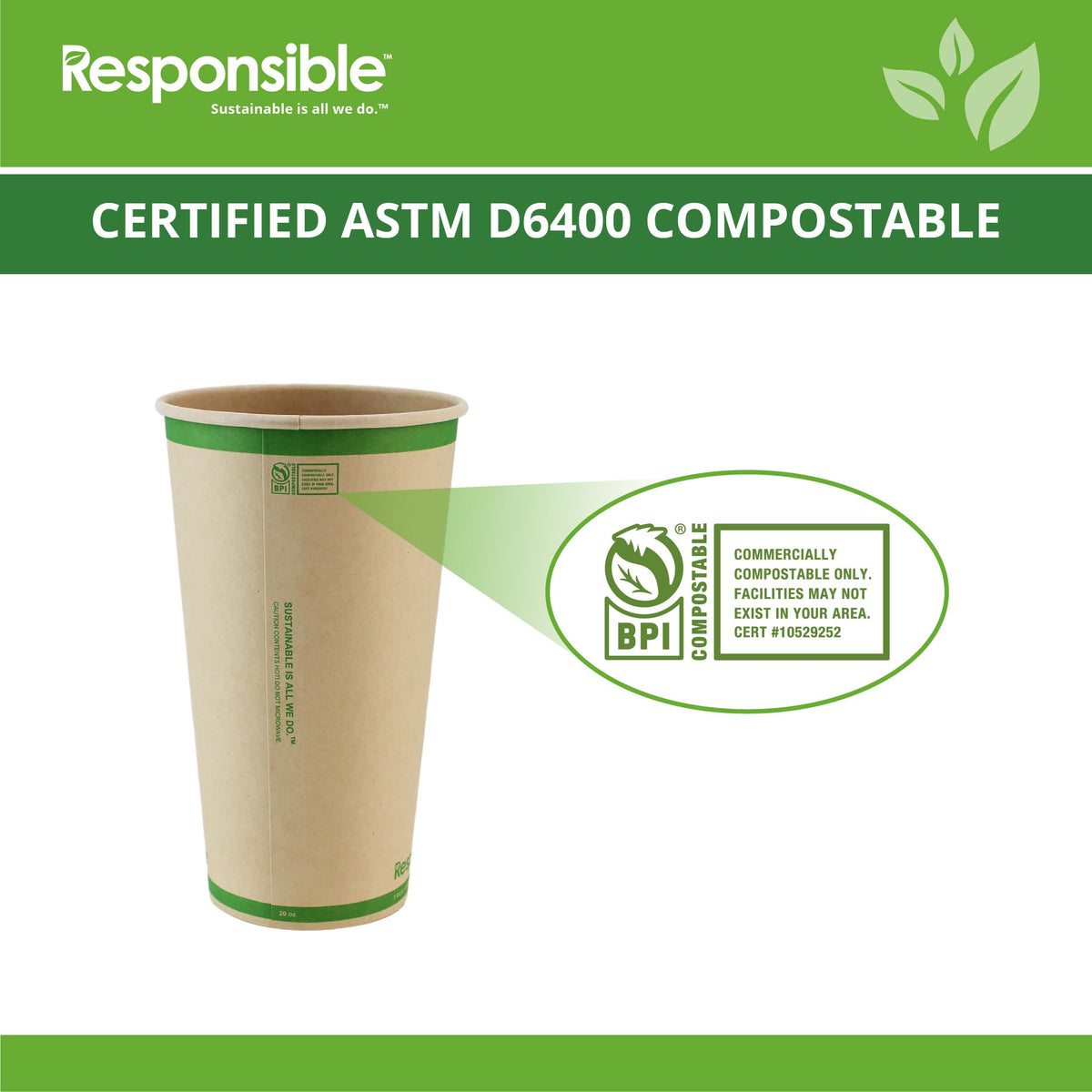 20 oz Paper Hot Cups by Responsible Products – 20 oz (1000 Count), 20.0 fluid_ounces, Paper, Natural Brown, Pack of 1000