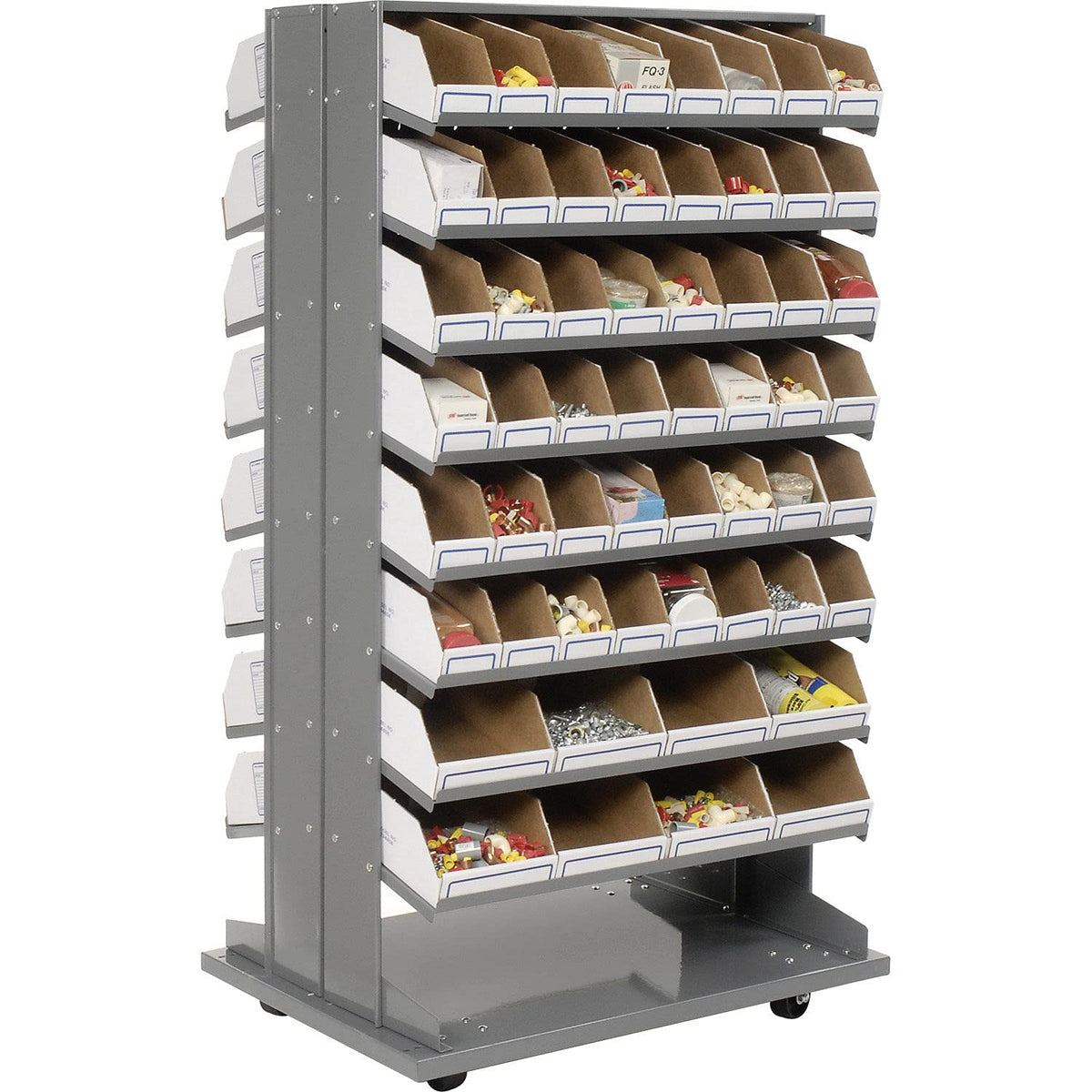 Mobile Double Sided Bin Rack with (112) Corrugated Bins by Global Industrial – 36x26x65, Alloy Steel, Gray, Model 235206