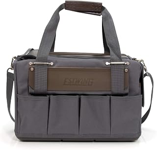 Estwing 16-Inch Carpenter's Tool Bag, Durable Polyester, Four Zipper-Secured Pockets, 5 Exterior Pockets, 8 Interior Elastic Pockets, Hammer Holder, Hard Base, Shoulder Strap
