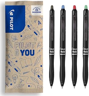 PILOT - Set of 4 FriXion Ball Plus - Ergonomic Eraser Pens - Retractable & Refillable - Made of Recycled Plastic - Black, Blue, Red, Green - Medium Tip