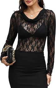 Womens Mesh Tops Cowl Neck Lace Long Sleeve Sheer Shirt Slim Fitted Outfits
