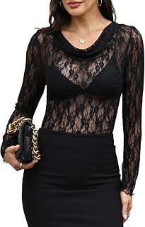 Womens Mesh Tops Cowl Neck Lace Long Sleeve Sheer Shirt Slim Fitted Outfits