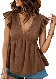 Women's Lace Trim Peplum Tops Going Out Flowy Summer Eyelet Babydoll Top