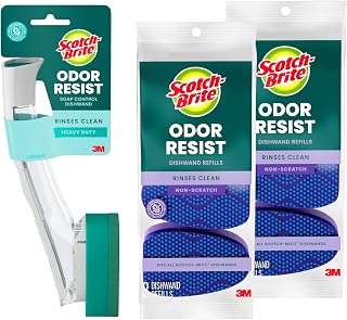Scotch-Brite Advanced Soap Control Heavy Duty Dishwand Full Kit with 6 Heavy Duty Scrub Dots Refills, Leak-Free Soap Dispensing, Non-Slip Handle, Tough Scrubbing for Kitchen Dishes, Pots & Pans