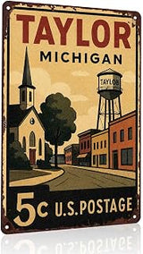 Taylor Michigan City Vintage Metal Wall Art Signs 8X12 Inch | Destination Travel Wall Decor, Indoor Outdoor for Home, Office, Living Room, Gift for Travelers or Local History Lovers