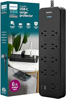 PHILIPS Surge Protector Power Strip with USB Ports | 6 Ft Braided Cord with Multiple Outlets, 2400 Joules, 9 Outlet Extender, 1 USB-A, 1 USB-C, Flat Plug, Black, SPP3983B/37