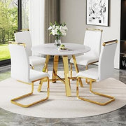 Modern Round Dining Table Set for 4, 42" Faux Marble Dining Room Table Set & Upholstered PU Leather Chairs, Comedor de 4 Sillas y Mesa