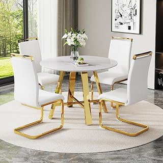 Modern Round Dining Table Set for 4, 42" Faux Marble Dining Room Table Set & Upholstered PU Leather Chairs, Comedor de 4 Sillas y Mesa