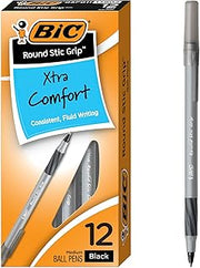 BIC Round Stic Grip Xtra Comfort Black Ballpoint Pens, 12-Count Pack