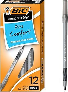 BIC Round Stic Grip Xtra Comfort Black Ballpoint Pens, 12-Count Pack