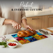SURI Tempered Glass Challah Board, Large Cutting Tray, Colorful Window