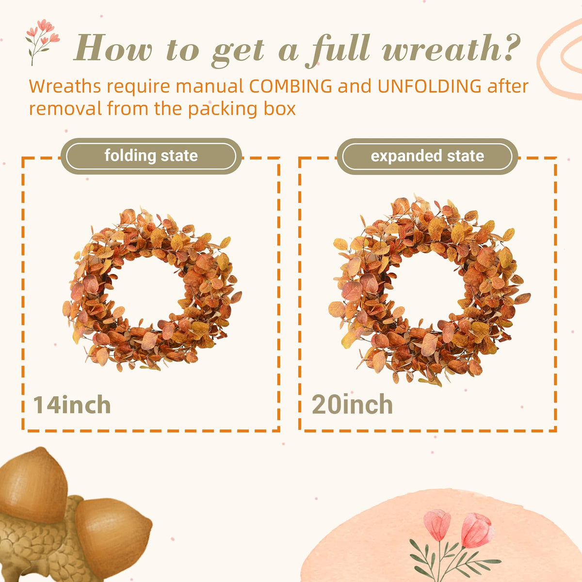 YNYLCHMX Fall Wreath, 20 Inch Diameter, Golden Eucalyptus Leaves