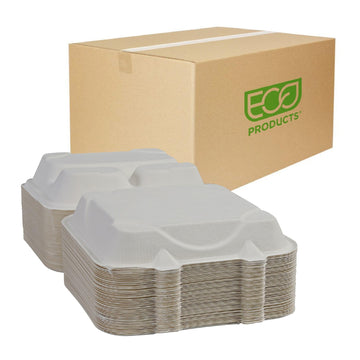 Eco-Products Compostable Vanguard 9" Clamshell To Go Containers by ECO PRODUCTS – 9" x 9", 18.0 ounces, molded fiber, White, Pack of 500