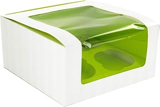 PacknWood Cupcake Box with Window, Holds 4 Cupcakes, 6.7 x 6.7 x 3.3", Green (Case of 100)