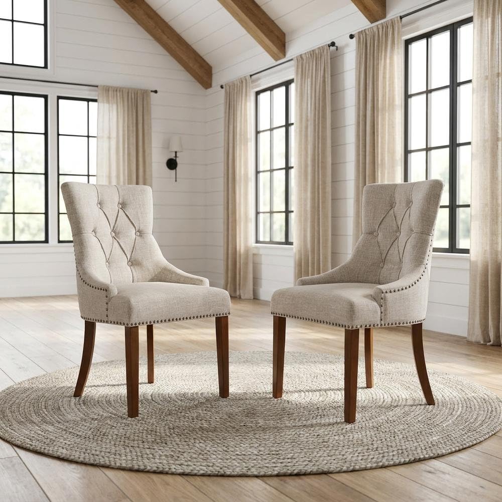 Linen-Upholstered Dining Chair Parsons Style with Legs by Furnifact – Wood, Mahogany, Pack of 2