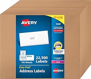 Avery Easy Peel Address Labels, 1" X 2-5/8" - 22,500 Blank White Mailing Labels for Shipping, Printing and More (5160)