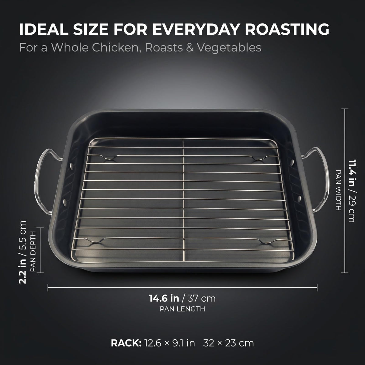 Yunnkeey Roasting Pan with Rack, Carbon Steel Nonstick, Black