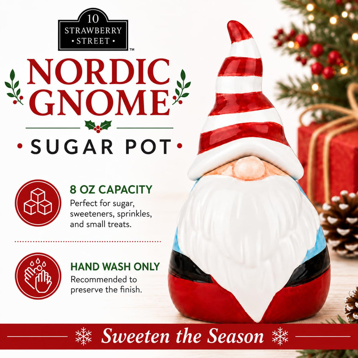 Nordic Gnome Sugar Pot (Red Stripe) by 10 Strawberry Street – Small, 8.0 fluid_ounces, Dolomite, Red Stripes, Model GNOME-SB