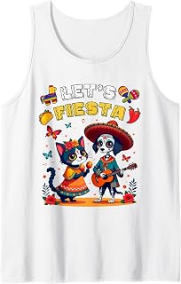 Cat and Dog Sugar Skull Let’s Fiesta Día Los Muertos Costume Tank Top