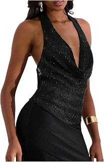 Women's Sparkly Sequin Tops Cowl Neck Halter Top Blackless Rave Tops