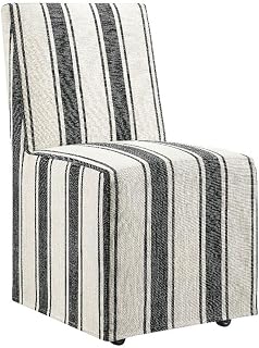 Striped Slipcovered Dining Side Chair, Black Stripe Linen-Like Fabric, Kiln-Dried Wood Frame, Removable Slipcover, Hidden Casters, Padded Seat, Tall Back, Rolling Parsons Chair for Dining