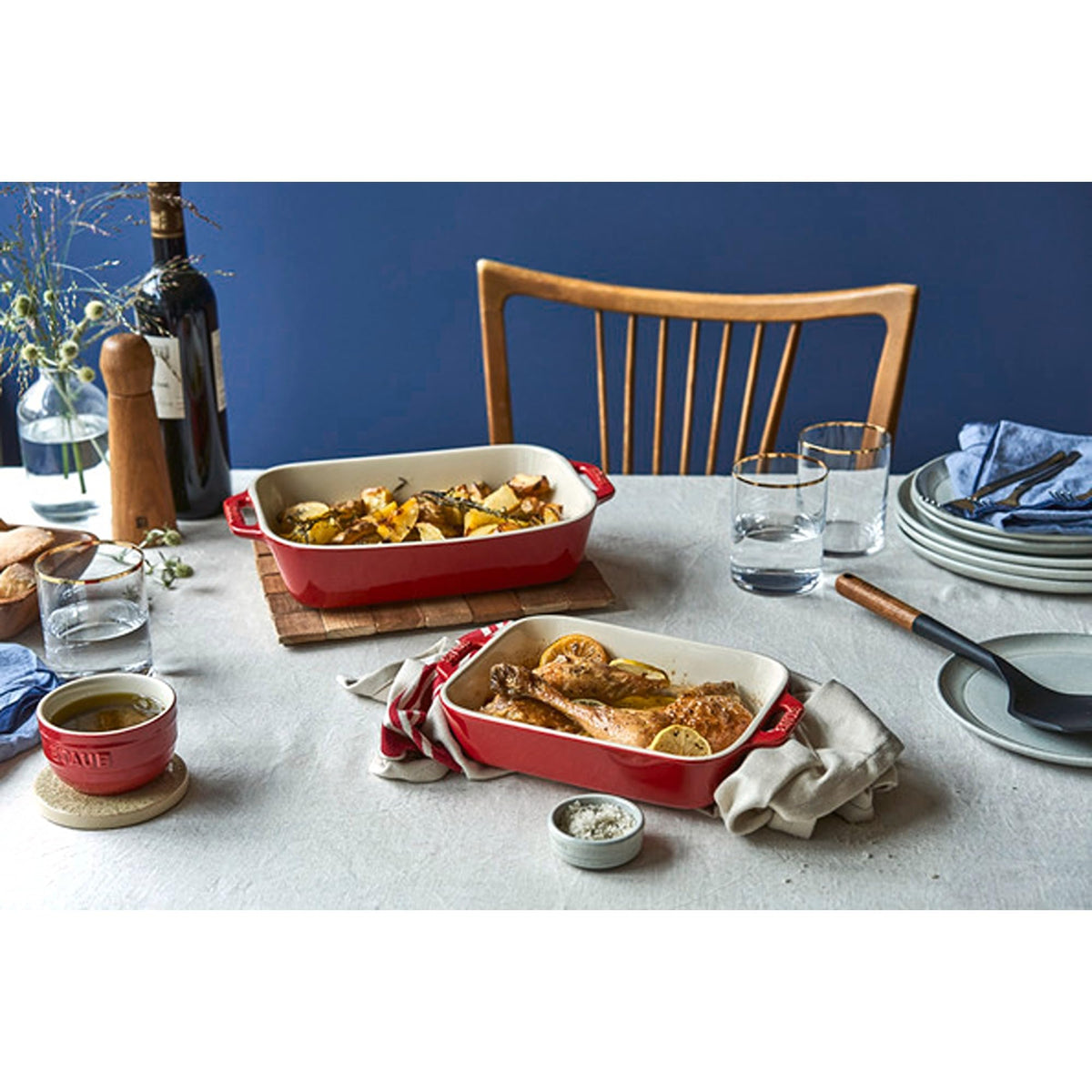 Ceramic Rectangular Baking Dish Set by STAUB – 2-pc, 1.905 liters, Ceramic, Cherry, Pack of 2