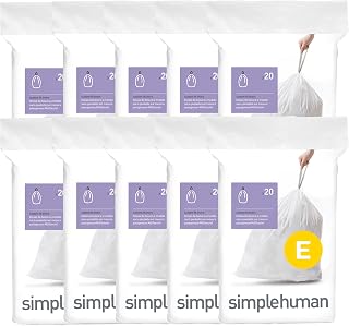 simplehuman Code E 200 Count Custom Fit Liners, Drawstring Kitchen Trash Bags, One-by-One Mess-Free Dispense, Extra Thick & Double Seamed, 50% PCR Plastic, 20 Liter / 5.3 Gallon, White