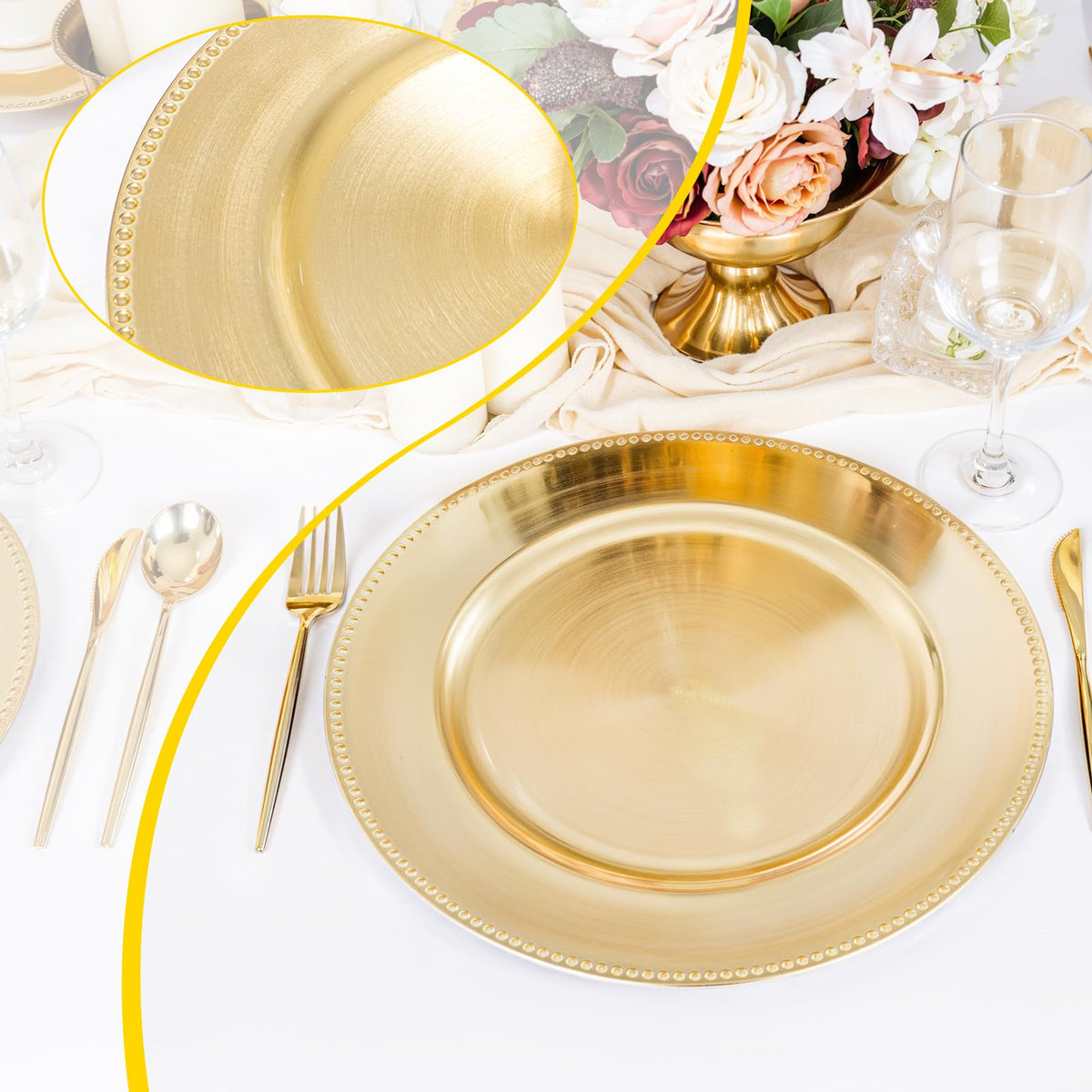 LIYH Plastic Charger Plates, 13 Inch Round, Gold, 24 Pack