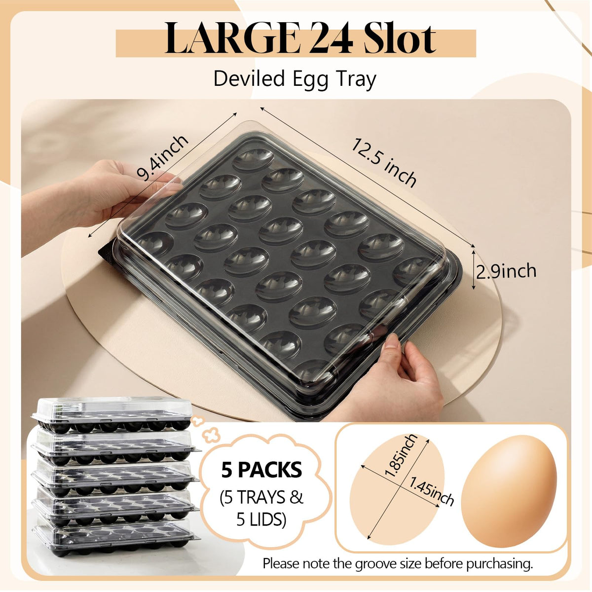Shellwei Deviled Egg Tray Set, Holds 24 Eggs Each, Black and Clear, 5 Pack