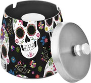 Skull Floral Pattern Splash Ashtray with Lid, Outdoor Ashtrays for Patio